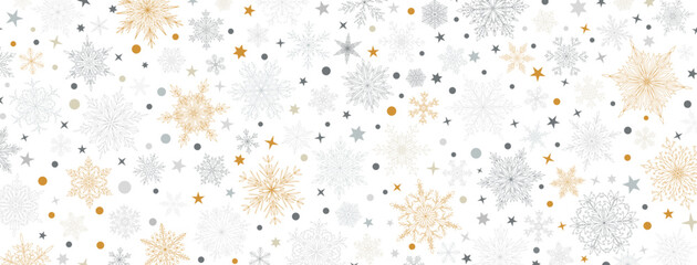 Background of complex big and small Christmas snowflakes in yellow and gray colors. Winter illustration with falling snow