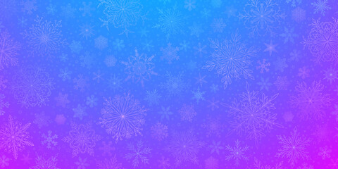 Naklejka na ściany i meble Background of complex big and small Christmas snowflakes in blue and purple colors. Winter illustration with falling snow