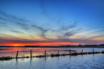 Fototapeta na wymiar Landscape sunset or sundown river Narew Poland Europe spring time meadows under water