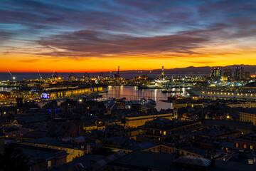 GENOA, ITALY, JANUARY 28, 2022 - View of the port of Genoa at sunset, Italy.