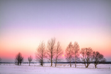 Winter landscape, amazing sundown in winter , Poland Europe