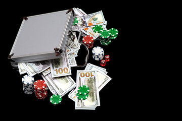 Gambling Briefcase Full of Money Cash, jackpot, casino chips. Suitcase with dollars, poker chips. Metal cash box Container stuffed with Paper currency, Casino tokens, gaming chips, checks, or cheques