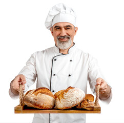 Chef-cooker in a chef's hat and jacket working in bakery, holding tray with bread and rolls. Senior...