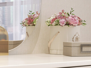 Realistic 3D render for beauty products display backdrop, blank empty space on ivory beige elegance dressing table with round mirror, beautiful pink roses in luxury bucket bouquet, Kbeauty, Make up.