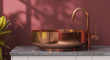 3D render close up shiny copper stainless steel wash basin with faucet on vanity mable top bathroom counter, morning sunlight and beautiful foliages leaves shadow on red purple wall in background.