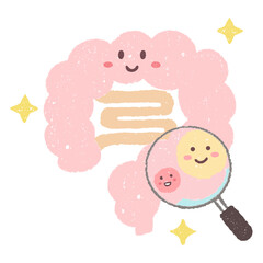 手描きの腸内と拡大鏡で見る善玉菌