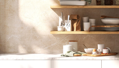 3D render close up blank empty space on beautiful wooden kitchen counter top with stylish kitchen ware, culinary, marble wall tiles. Morning sunlight, Breakfast, Cooking, Equipment, Background.