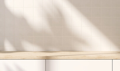 3D render close up blank empty space on beautiful oak wood wooden kitchen counter top with morning sunlight and foliages leaves shadow on white ceramic wall tiles in background. Kitchen, Backdrop.