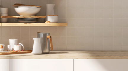 Fototapeta na wymiar 3D render close up blank empty space on beautiful wooden kitchen counter top with stylish kitchen ware, culinary, square white ceramic wall tiles. Morning sunlight, Cooking, Equipment, Background.