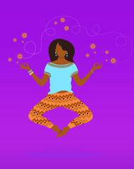 Young adult indian woman practicing yoga and meditation flying in air on purple background.