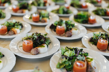 Delicious salads in row for a wedding reception