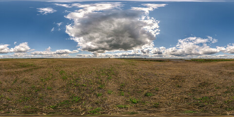 full seamless 360 hdri panorama view among farming fields with clouds in overcast sky in...