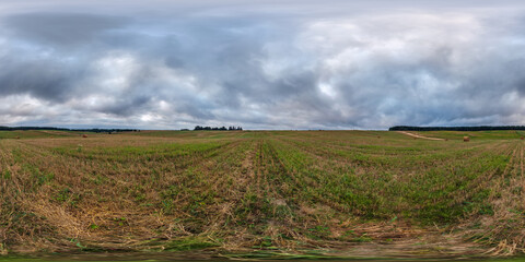 full seamless 360 hdri panorama view among farming fields with clouds in overcast sky in equirectangular spherical projection, ready for VR AR virtual reality content