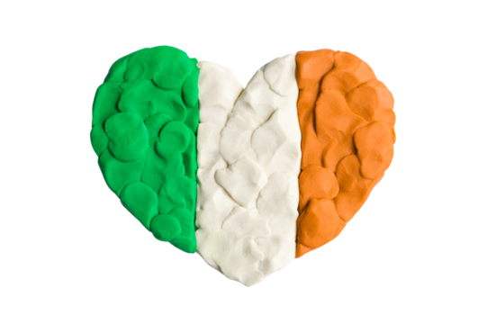Green, white and red orange flag of Ireland, Irish flag. Heart shape of tricolour flag plasticine modeling clay isolated on white background. Plasticine finger textured background. Closeup