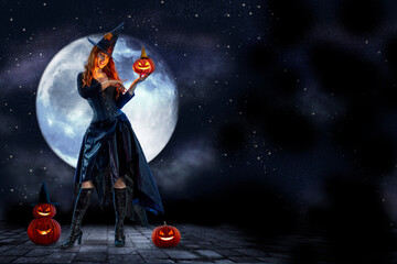 Witch on Halloween. Female wizard fairy character for All Saints' Day. Fantasy gothic red-haired...