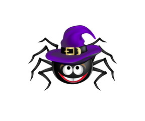Halloween smiling spider wearing purple witch hat isolated on white background. Editable Vector illustration