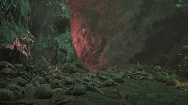 Dark Cave with Skulls, Skeletons, and strange Mystical Lights 3D Rendering Animations 4K