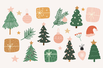 set of hand draw christmas tree elements