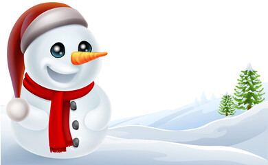 Christmas Snowman in Winter Scene