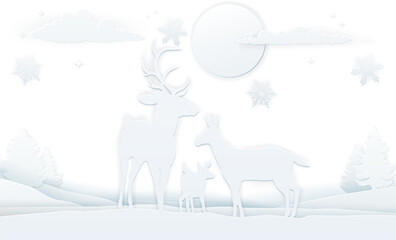 Fototapeta na wymiar Deer Winter Scene Paper Art