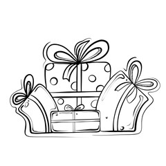 Boxes of Christmas gifts doodles black outline