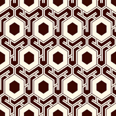 Honeycomb seamless pattern. Hexagon mosaic tiles ornament. Ethnic surface print. Repeated geometric figures background. Ornamental wallpaper. Modern geo design digital paper.