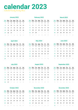 template of calendar  2023. wall calendar 2023 on one page. compatible with a3 size paper. week start on sunday .sunday as weekend. good for planner, schedule, daily, diary, etc. 