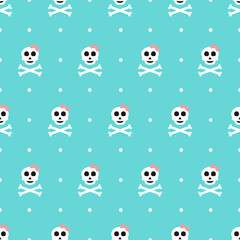 Skull and bones polka dot blue seamless pattern