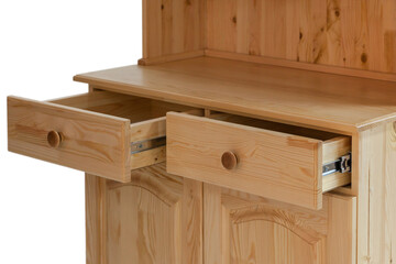 Open drawers of a wooden kitchen cabinet with shelves isolated on a white background. Retro style modern kitchen cabinet with open doors and shelves.