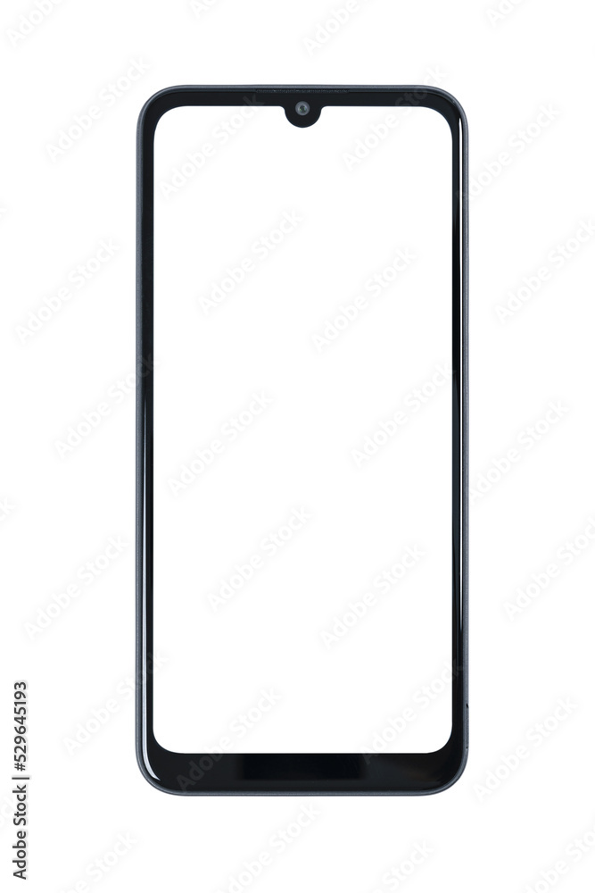 Wall mural front view of a new modern generic frameless smartphone with blank white screen isolated on a transp