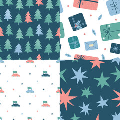 Fototapeta premium Colorful Christmas seamless pattern set with cute trees, stars, cars, gifts etc. Background with presents for Christmas symbols. Flat style. Vector illustration