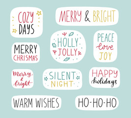 Christmas stickers set. Cute holiday badges, lettering, doodle quotes, stickers. vector. Winter festive quotes. Ho-ho-ho, Warm wishes, Holly jolly etc. Vector illustration