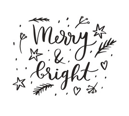 Merry Christmas hand drawn lettering on decorative drawn background. Vector illustration for greeting cards, Christmas posters, web banners etc.