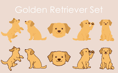 Simple and adorable Golden Retriever illustrations set - obrazy, fototapety, plakaty