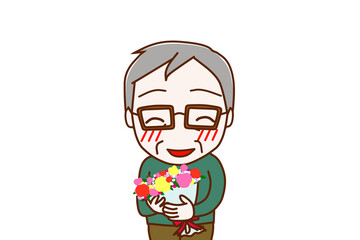 （上半身正面）花束を持ってニコニコ幸せそうな笑顔を見せる高齢の男性