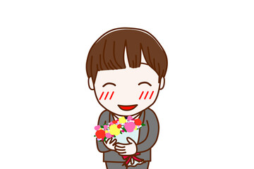 （上半身正面）花束を持ってニコニコ幸せそうな笑顔を見せる男子学生