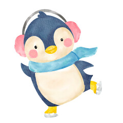 watercolor cute penguin wearing over-ear headphones and scarf playing ice skating