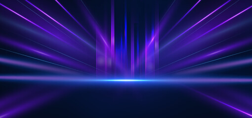 Abstract technology futuristic glowing blue and purple light lines with speed motion blur effect on dark blue background.