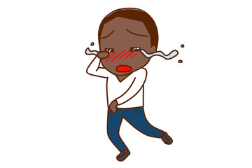 （全身斜め）大泣きして涙が流れながら走って逃げているアフリカ系男性