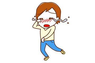 （全身斜め）大泣きして涙が流れながら走って逃げている白人男性