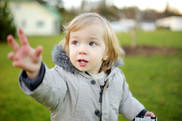 Funny toddler boy having fun outdoors on chilly autumn day. Child exploring nature. Autumn activities for kids.