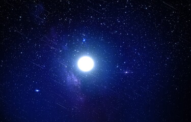 Fototapeta na wymiar bright moon on dark starry sky light flare galaxy banner