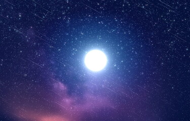 Fototapeta na wymiar bright moon on dark starry sky light flare galaxy banner