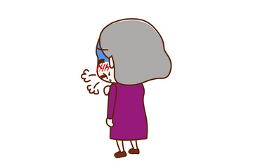 （全身斜め後ろ）心臓が痛くなり、呼吸ができずとても苦しんでいる高齢の女性