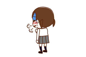 （全身斜め後ろ）心臓が痛くなり、呼吸ができずとても苦しんでいる女子学生