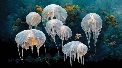 Beautiful fantasy jellyfishes, underwater life painting, digital illustration, printable wall art