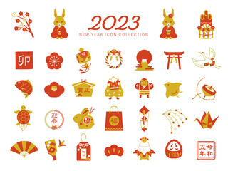 2023年　年賀状,正月,素材,卯,アイコン,イラスト,セット　/ ゴールド,赤