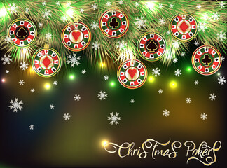 Christmas Casino banner with poker chip, vector illustration