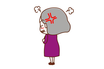 （全身斜め後ろ）後ろを向いて腕を組み、プンプン怒っている高齢の女性