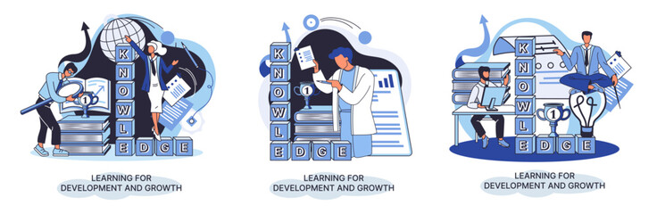 Learning development and growth. Self-learning metaphor, online emoloyee education distance e-learning. Skill improvement. Self development program way to success. Goal achieving professional training